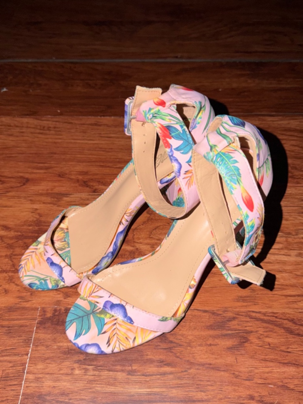 Pink floral block heel sandals- size 7.5